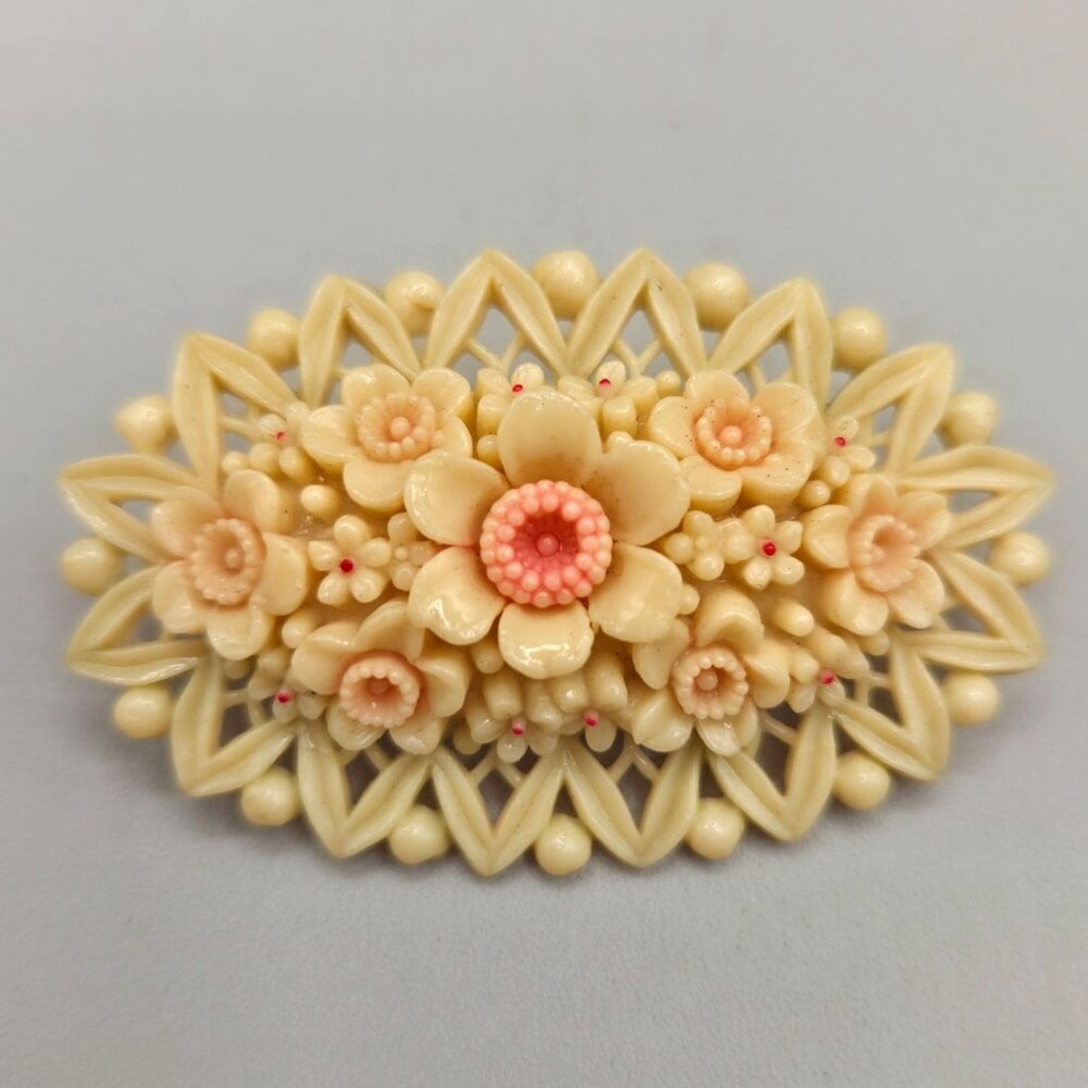 Vintage Celluloid Brooch Floral Domed Oval Brooch Pin Cream Pink Occupied Japan